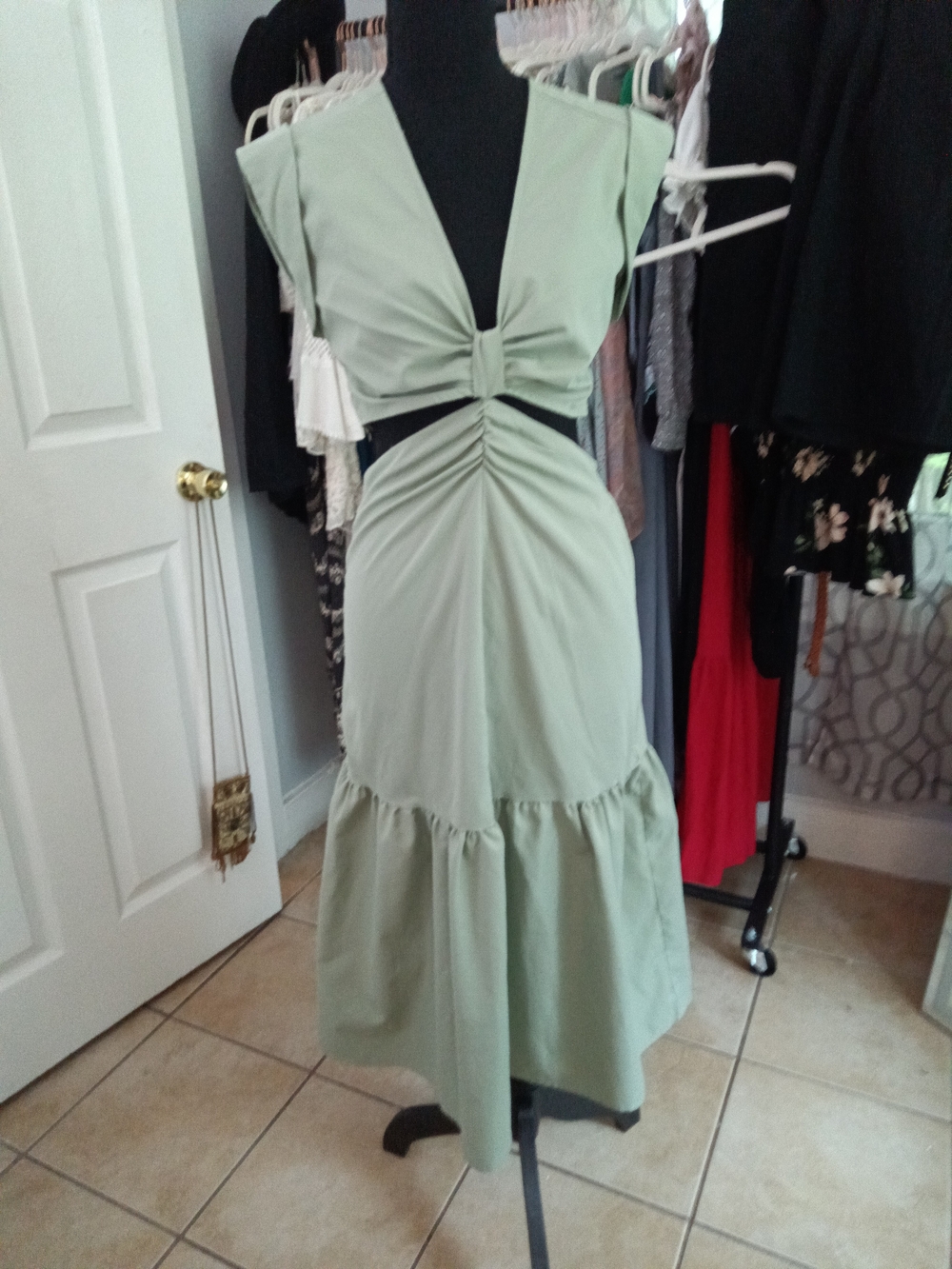 Cider Sage Green Cutout Tie-Front Midi Dress